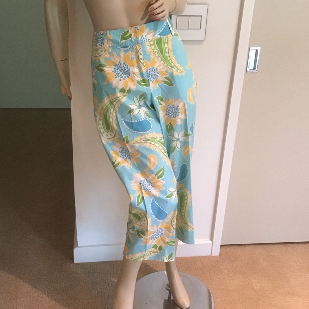 Lilly Pulitzer Via‎ Blue Croissant Paisley Sunflowers Cotton Capri Pants 12